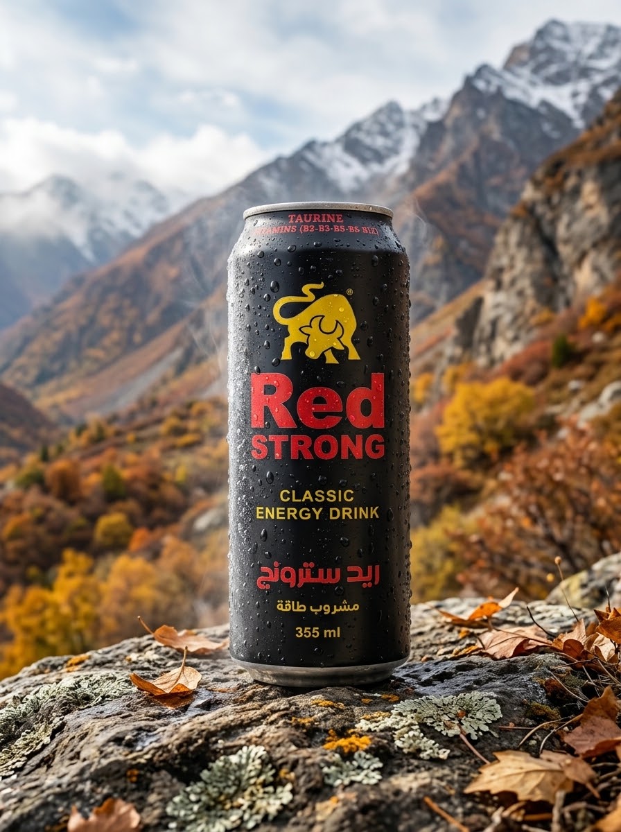 Red Strong classic energy drink can on a mountain rock in autumn