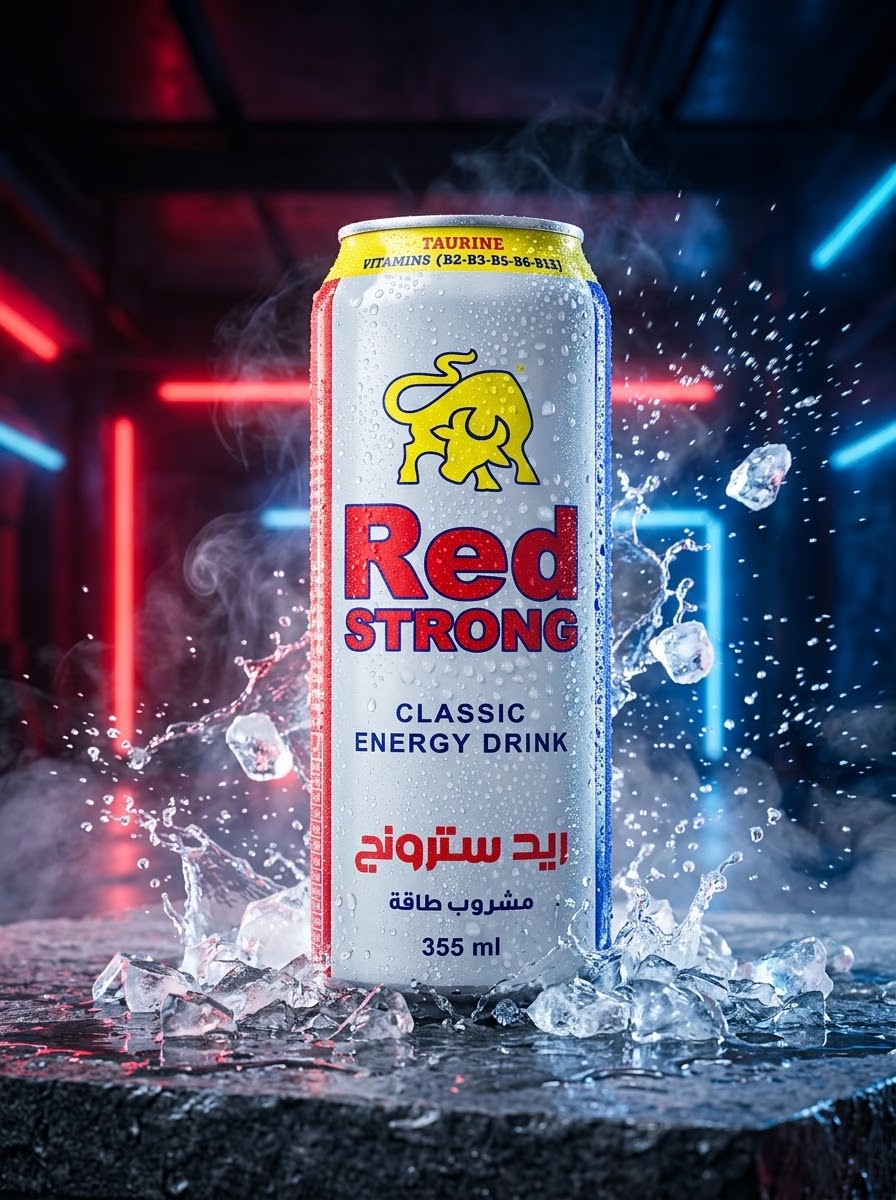 White Red Strong classic energy drink can surrounded by ice and neon light