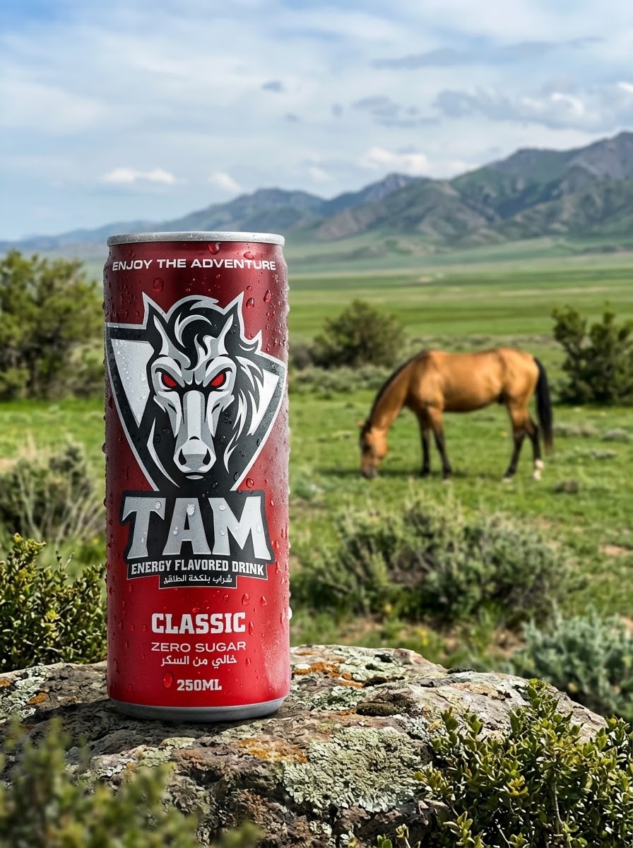 TAM Classic energy drink can on a rock with a horse in the background