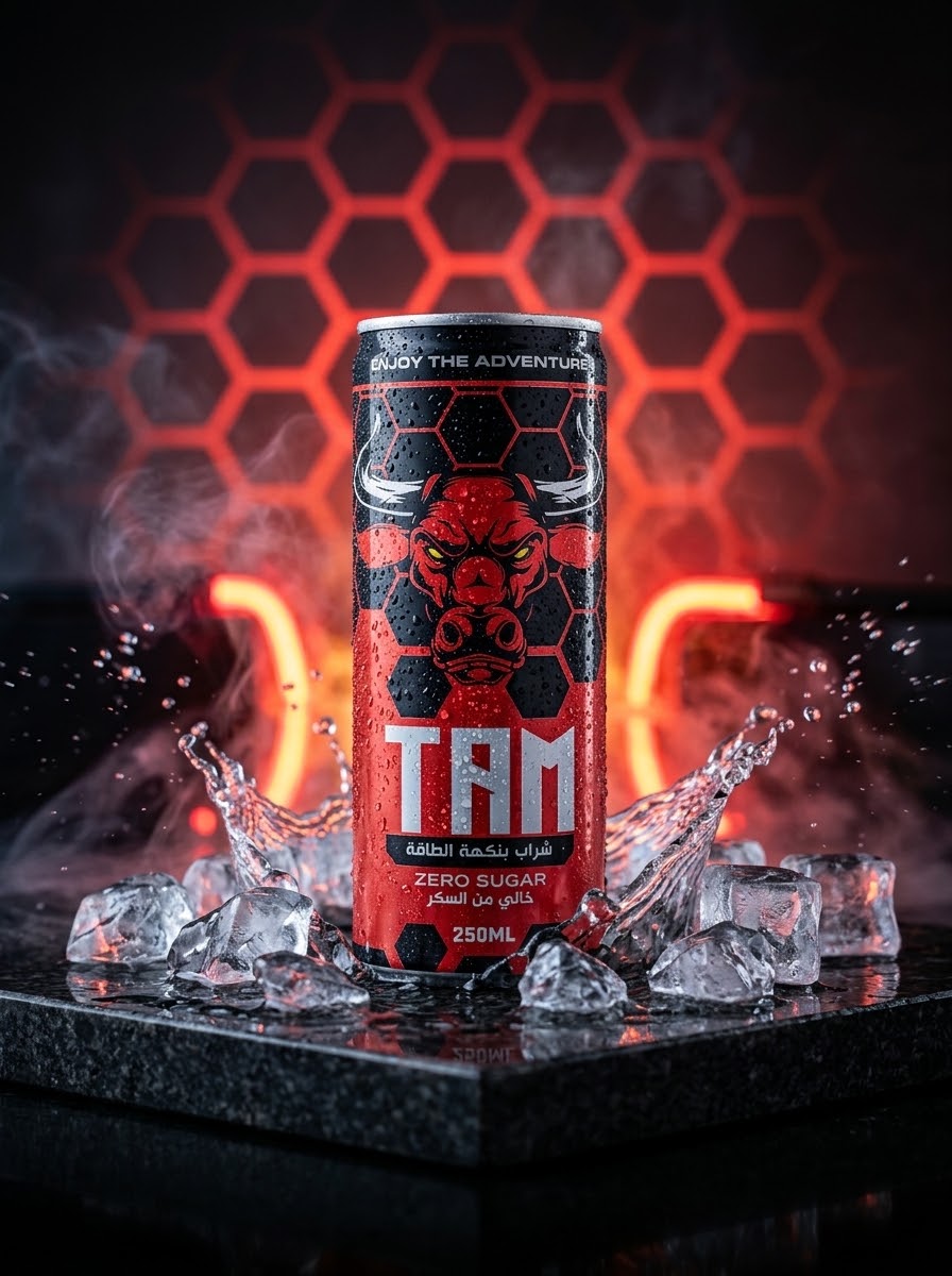 TAM zero sugar energy drink can with ice and splashing water