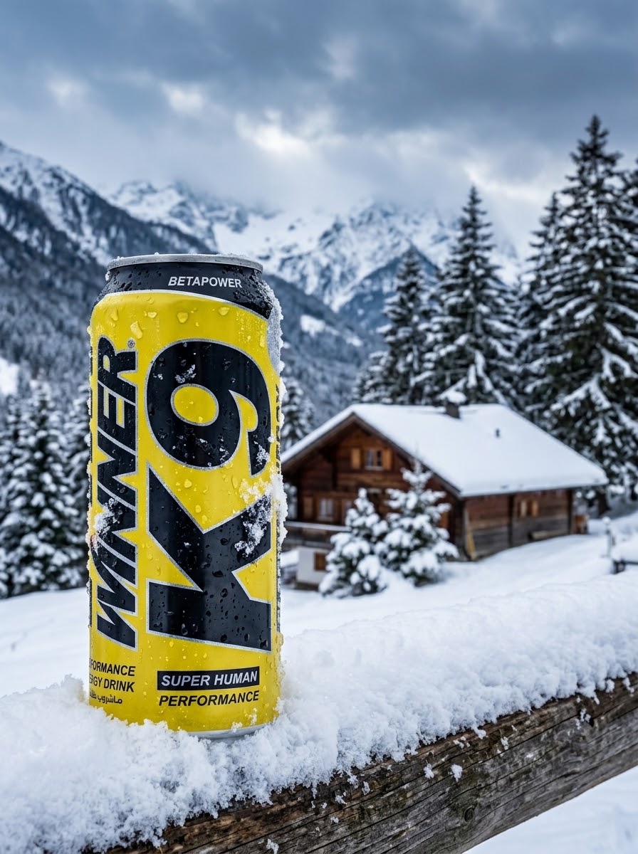 Winner K9 energy drink can on a snowy fence rail in front of a mountain cabin
